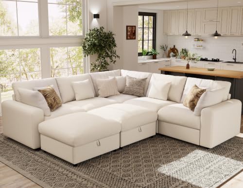 Image of Ihanherry Oversized Cloud Sectional Couches for Living Room, Modular Sectional Sofa with Wide Deep Seat, Coner Couch with Throw Pillow and Storage Ottoman, Beige