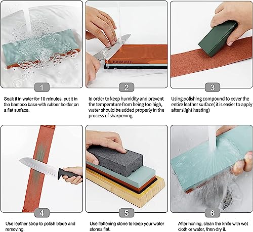 Tonahutu Knife Sharpening Stone Set, Professional 4 Side Grit 400/1000 3000/8000 Premium Whetstone Knife Sharpener With 150/320 Flattening Stones, Leather Strop, Polishing Combination & Angle Guide #TOP4