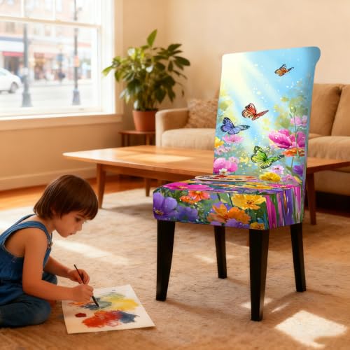 Image of Nuxovilar 6PCS Floral Butterfly Print Milk Silk Seat Covers | Stretch Slipcover Floral Protector Butterfly Wrap Seat Guard Dining Room Spring Gathering Kitchen (Spring Flower)