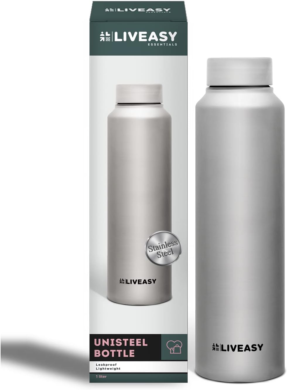 LivEasy Essentials Stainless steel bottle | Lightweight | Environment Friendly | Stylish (Silver) - 1000 ML