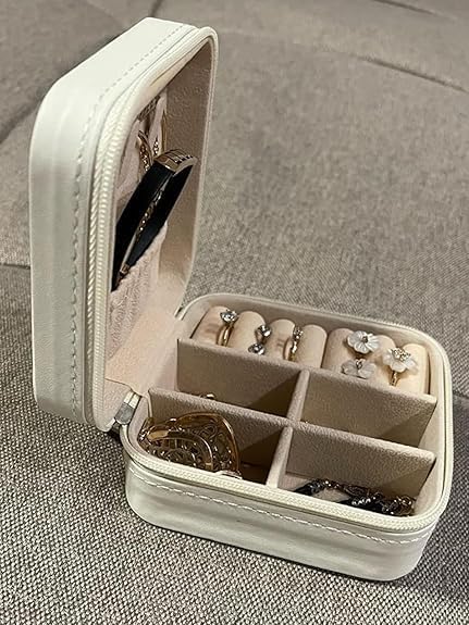 Image of Mini Jewellery Travel Case, PU Leather Organizer Box, Small Portable Jewellery Storage Holder for Womens Rings Earrings Necklaces (Peach-PU Leather Box) (White)