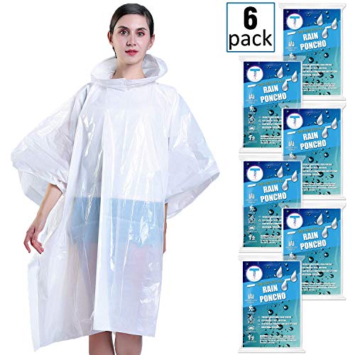 Disposable Rain Poncho for Adults by(6 Pack) Including Drawstring Hood and Premium Quality