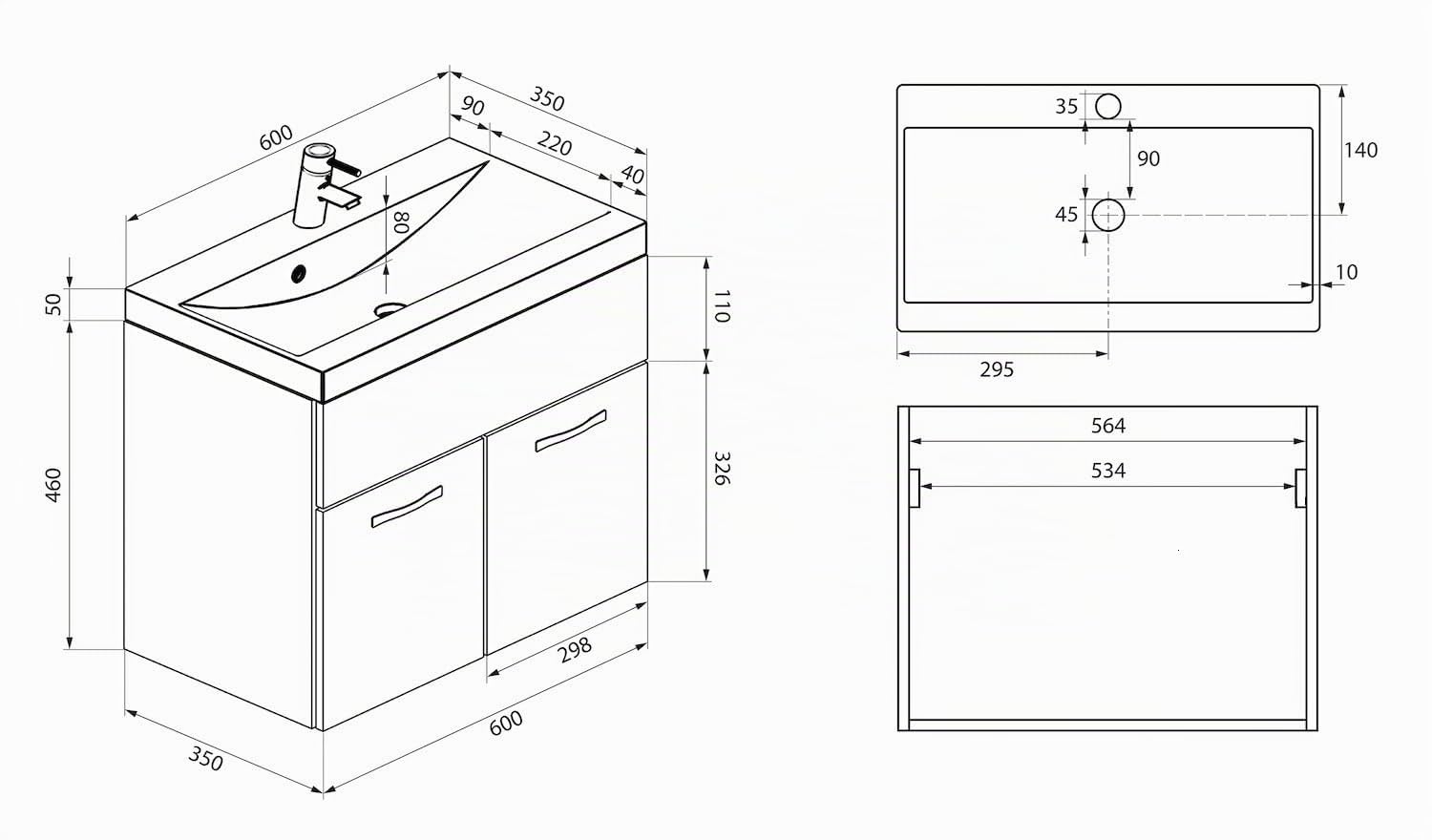 Badplaats B.V. Meuble de Salle de Bain Montreal 60 cm lavabo Noir Brillant - Armoire de Rangement Meuble lavabo evier Meubles