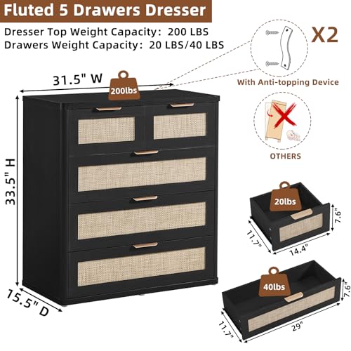 Image of LEYAOYAO Rattan Dresser for Bedroom Set of 2, 33.5 inch Tall Chest of Drawers, Modern 5 Drawers Boho Dressers with Storage, Light Oak Dresser Wooden Closet Organizer for Living Room, Hallway, Black