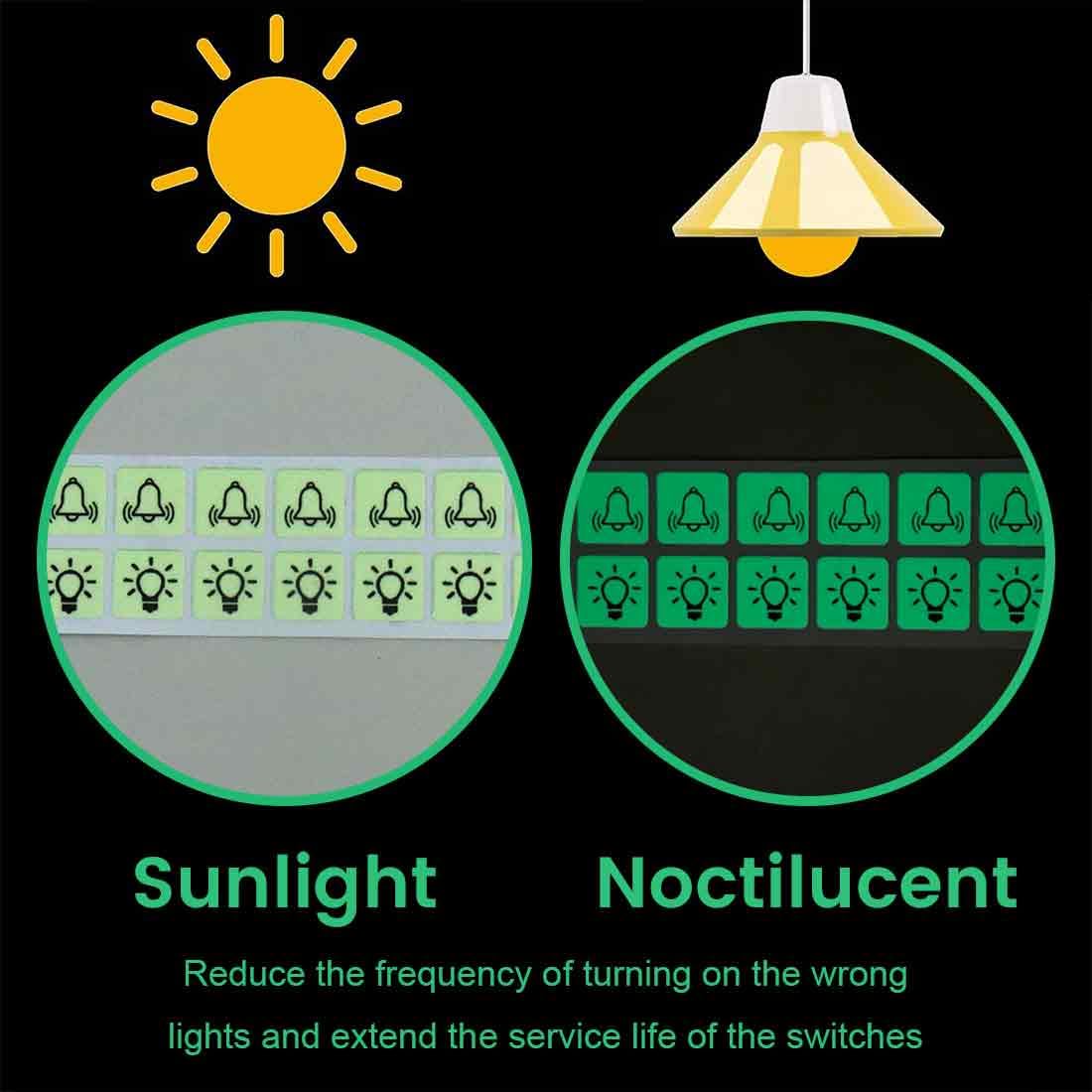 Phosphorescents Autocollants pour Interrupteur avec 10 Cloches et 10 Autocollants Symbole de Lumière (14 mm)