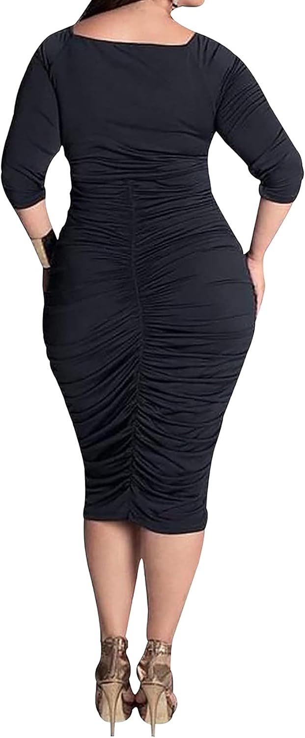 Yiershu Womens Plus Size Short Sleeve Bodycon Dresses Sexy Ruched Wrap Deep V Neck Party Cocktail Dress - Image 4
