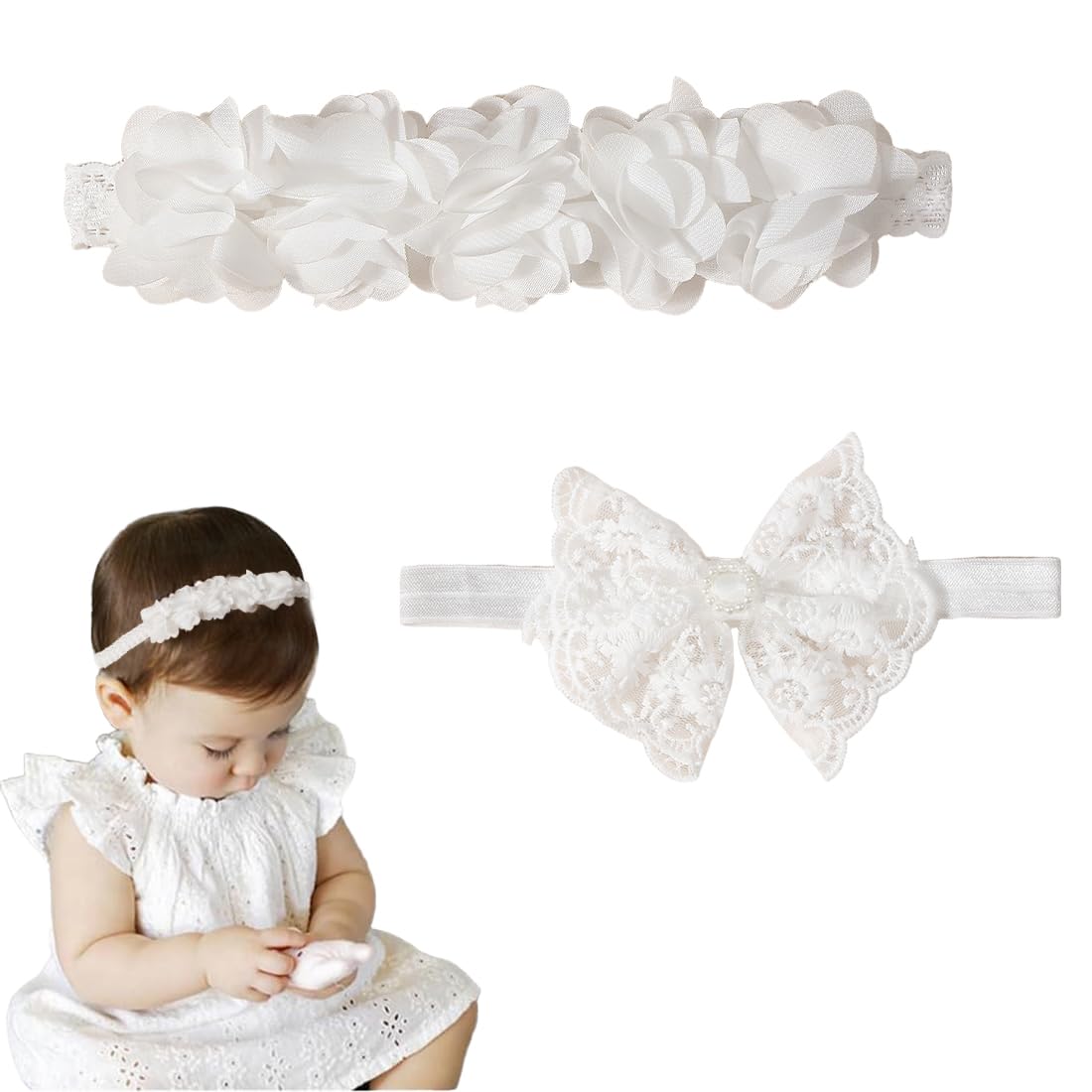 COYUN 2pcs Baby Mädchen Stirnbänder Weiß Dehnbare Stirnband DoppelspitzeSpitzebowknot-Haarband Weich Baby Hairband Nylon Neugeboren Haarschmuck,Für Mädchen mit einem Kopfumfang von 37–48 cm(B)