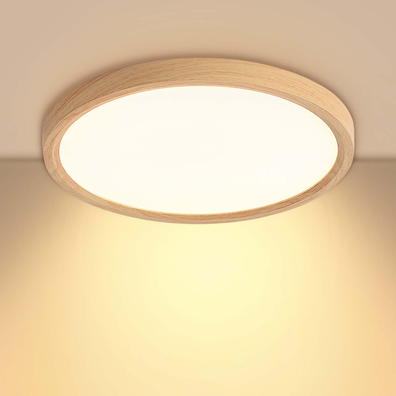 Baerolc Plafondlamp, houtnerf, diameter 30 cm, ronde led-plafondlamp, 24 W, 3000 K, warmwit, plafondlamp, slaapkamer, woonkamer, hal, keuken, kantoor