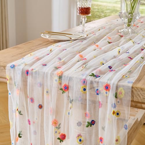 BINBE 1pcs Ivory Daisy Spring Table Runner Embroidery Gauze 10FT Florals Seasonal Tulle Holiday Birthday Kitchen Dining Table Decor for Home Party