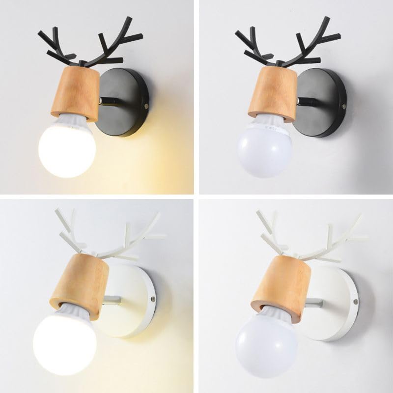 Image of LITFAD Minimalist Wall Sconce Deer Horn Shape Wall Light Modern Wall Mounted Lamps Single Light Exposed Bulb Design Wall Lighting Fixtures for for Hallway, Bedroom, Living Room, Bathroom,White-Wood
