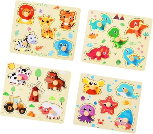 4 Stück Kleinkind Puzzle Spielzeug Set Montessori-Spielzeug mit Tierthema Griff Holzpuzzle Kinderspielzeug Motorikspielzeug Steckpuzzle Lernspielzeug Feinmotorik Geschenke