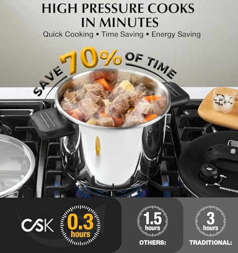KOCH SYSTEME CS Stainless Steel Pressure Cooker 6.3 QT, Olla de Presion, Easy One-Press Lock, 3 PSI Settings Stovetop Pressure Cookers, Save 70% Time, Induction Compatible, Glass Lid & Steamer Rack - Image 4
