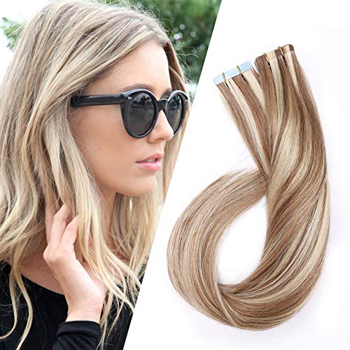 Benehair Highligted Blonde Tape in Human Hair Extensions 40 Pieces 100g 18inch Tape on Seamless Skin Weft Long Straight Remy Hair Invisible Double Sided for Women Ash Brown & Bleach Blonde #12&613