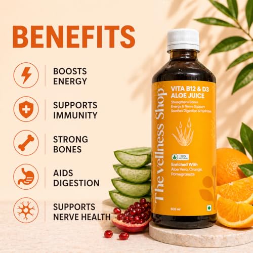 Image of The Wellness Shop Vitamin B12 & D3 Juice with Aloe Vera, Orange & Pomegranate | Energy & Immunity Support Drink | Supports Digestion, Bone & Heart Health | 500ml
