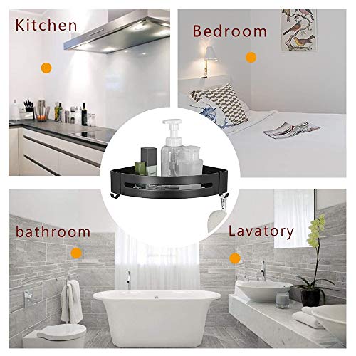 Besy Shower Corner Caddy Bathroom Shower Corner Shelf With Two Hooks, Self Adhesive With Glue Or Wall Mount With Screws,Heavy Duty Aluminum 2 Tier Storage Shelves Triangle Baskets,Black Finish #TOP3