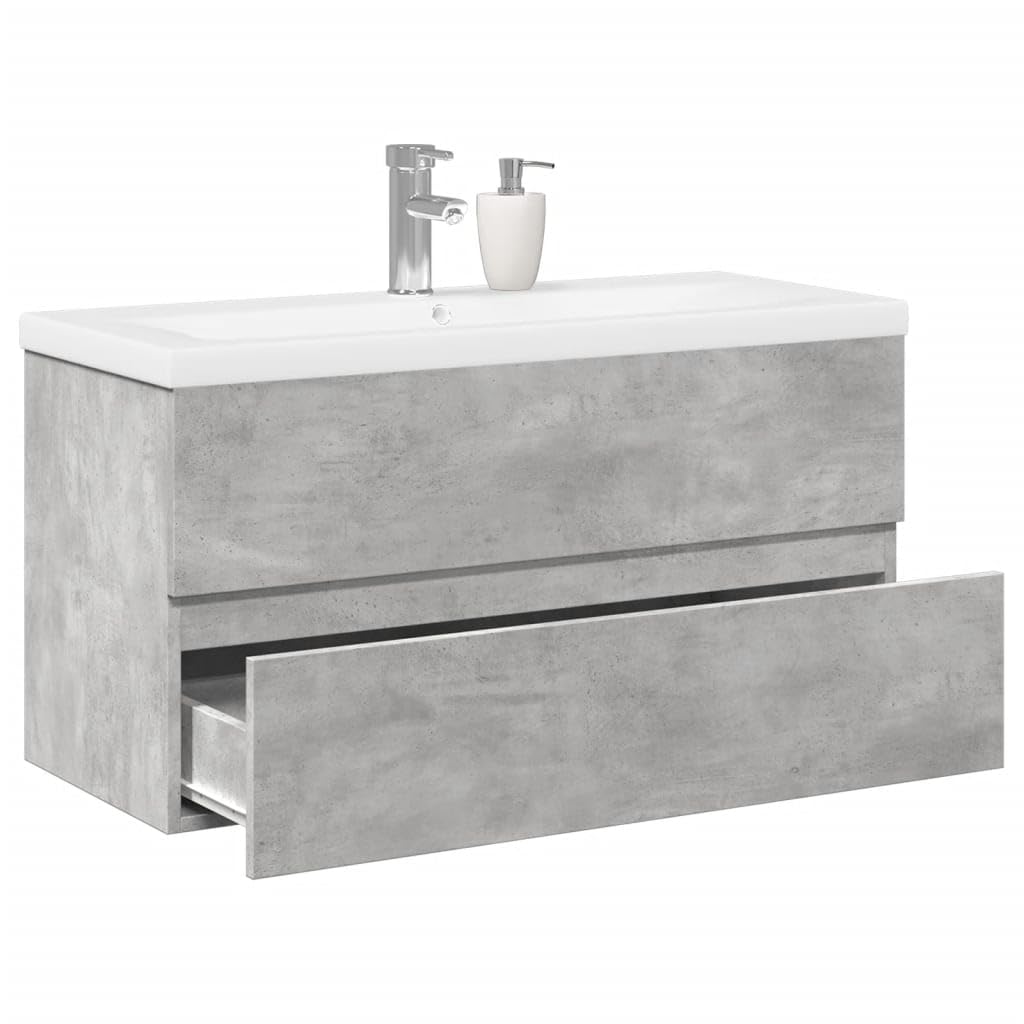 Set Mobili da Bagno 2 Pezzi Grigio Cemento 90 cm | Lavabo in ceramica bianco, truciolato resistente, montaggio a parete, ampio spazio portaoggetti
