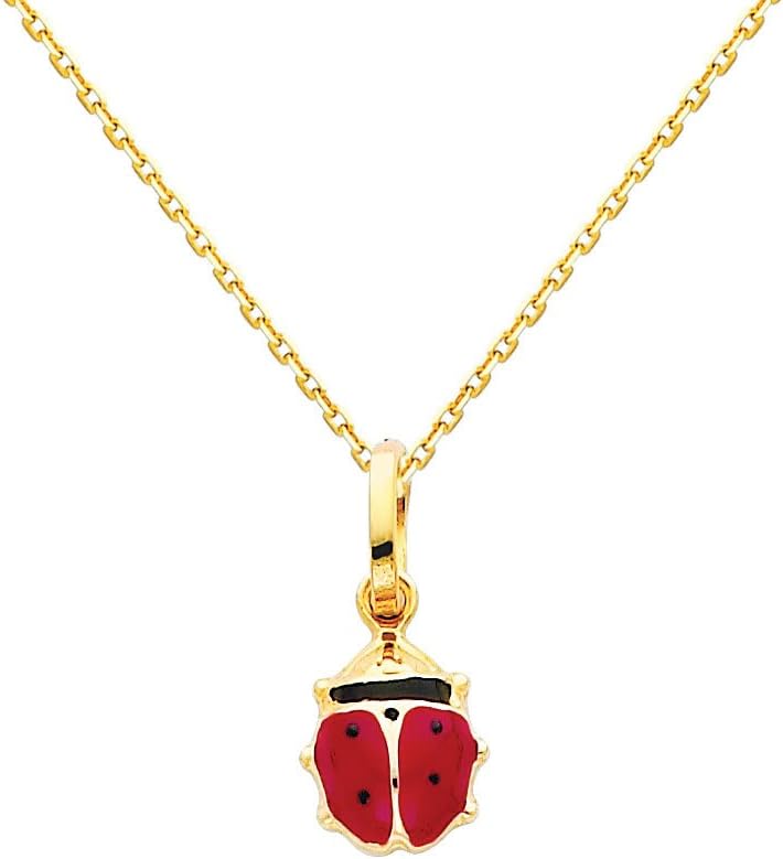 The World Jewelry Center 14k Yellow Gold Lady Bug Enamel Pendant with 0.9mm Cable Chain Necklace