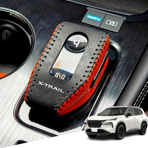 Hearsheng 日産 新型エクストレイル T33 SNT33 T33系(2022年7月~)専用本革材質シフトノブカバー 内装カスタムパーツ アクセサリー爪キズ防止 取り付け簡単 車種専用設計(ブラック+オレンジ)