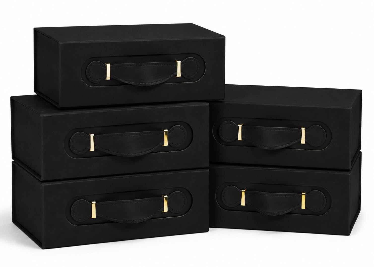 Emartbuy Black Folding Magnetic Gift Box with Faux Leather Handle – 28.2 x 20.2 x 9.2 cm – Fits Mugs, Beauty Sets & Mid-Size Gifts – Birthdays Weddings Christmas Corporate Gifting Trade – 5 Pack