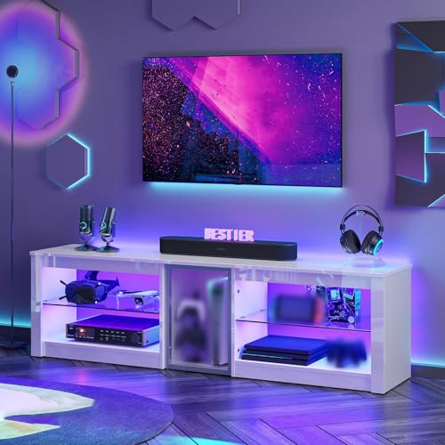 Bestier High Gloss TV Stand for 70 inch TV, Gaming Entertainment Center for PS5, LED TV Cabinet with Glass Shelves for Living Room, 63'' Inch, Bright White