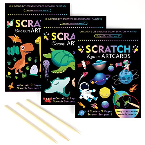 OPUHOHR 3 Set Magic Scratch Paper Art Colorful Magic Drawing Art Book with 3 Scratch Pen for Birthday Halloween Christmas Party Games Projects Kits Dinosaurs/Underwater World/Spaceman