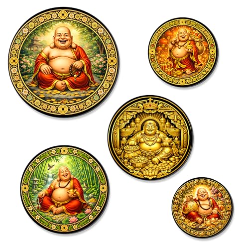 Image of Regalo Casila Laughing Buddha Fridge Magnets Set of 5 Wooden Refrigerator Magnets Feng Shui Decorative Kitchen Magnets Souvenir Gift Set Strong Magnetic Home Decor