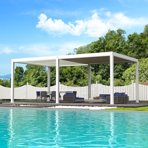 Domi Outdoor Pergola 10x20FT with Adjustable Steel Roof, Louvered Pergola Aluminum Frame Rainproof for Backyard, Garden and Lawn,White Garden Yard