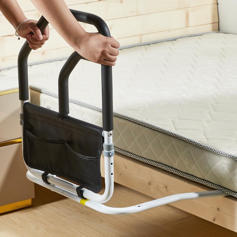 Garvee Barandilla de cama doble ajustable para mayores - Soporte antideslizante 150kg - Prevención de caídas - Bolsa de almacenamiento - Ideal para asistencia domiciliaria - Doble pasamanos, color
