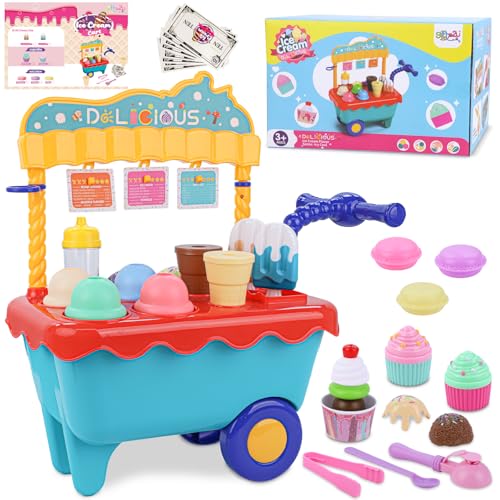 Gifts2U Ice Cream Cart Toys for Kids,45 Pcs Ice Cream Play Set,Pretend Play Store with Storage Trolley,Food Toys,Play Ice Cream Shop Toy,Gift for Boys Girls 3 4 5 6 Years Old