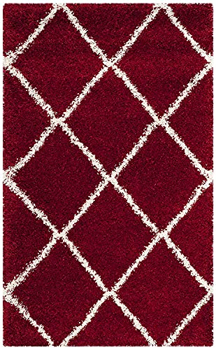 Image of Handmade Shaggy Fur Rectangular Rugs And Carpet For Bedroom, Living Room (5X8 Feet, Red & Ivory)