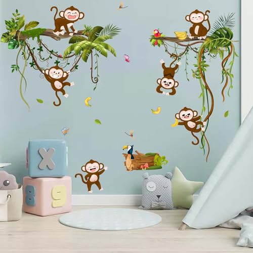 Monkey Climbing Tree Wall Decals – Jungle Animals Vine Leaves Wall Stickers – Baby Nursery Kids Girls Boys Room Daycare Playroom Classroom Wall Decor