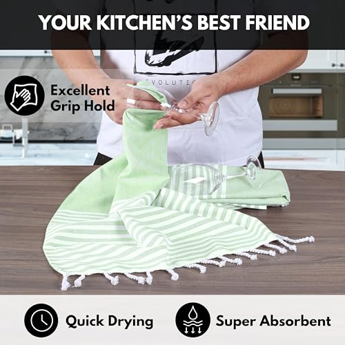 Image of Turkish Kitchen Towels 18x26 Inches with Tassels - 4 Pack - Absorbent, Durable, Soft 100% Cotton Dish Towels for Drying & Cleaning - Machine Washable, Quick Dry - Apple Green