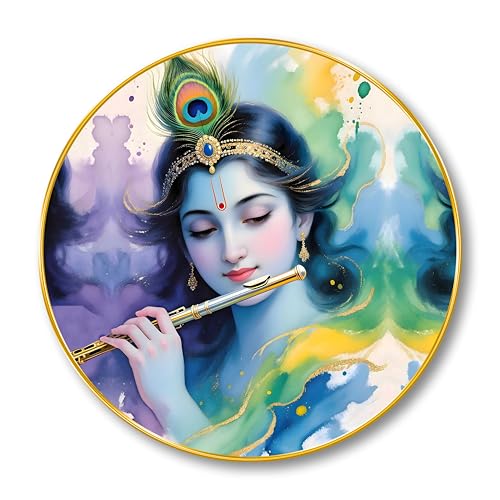 Image of SAF Lord Krishna Flute Wall Painting - Round Golden Frame Radha Krishna Art | Spiritual Wall Decor for Living Room, Bedroom, Pooja Room & Office | Divine Home Decoration (20 X 20 Inch) GRL-287