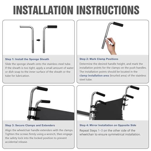 Image of Push Wheelchair Handle Extender (300lbs Weight Capacity), Universal Wheelchair Accessories - Extendable Handle, Adjustable Extender for Adults