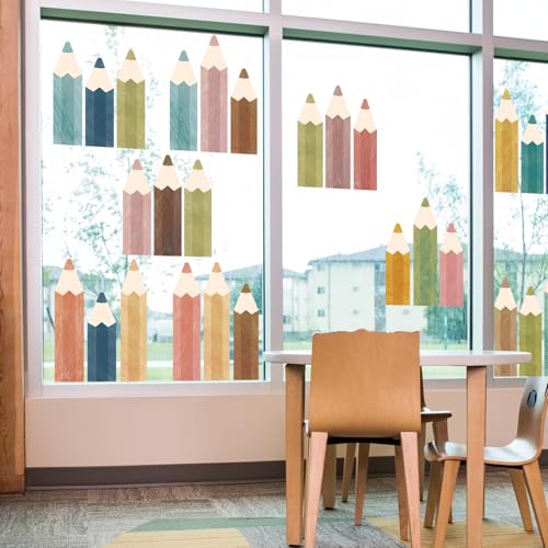 Image of Whaline 9 Sheets Boho Pencil Window Clings Back to School Watercolor Pencil Window Stickers Double-Sided Reusable Glass Decals for First Day of School Classroom Party Decoration