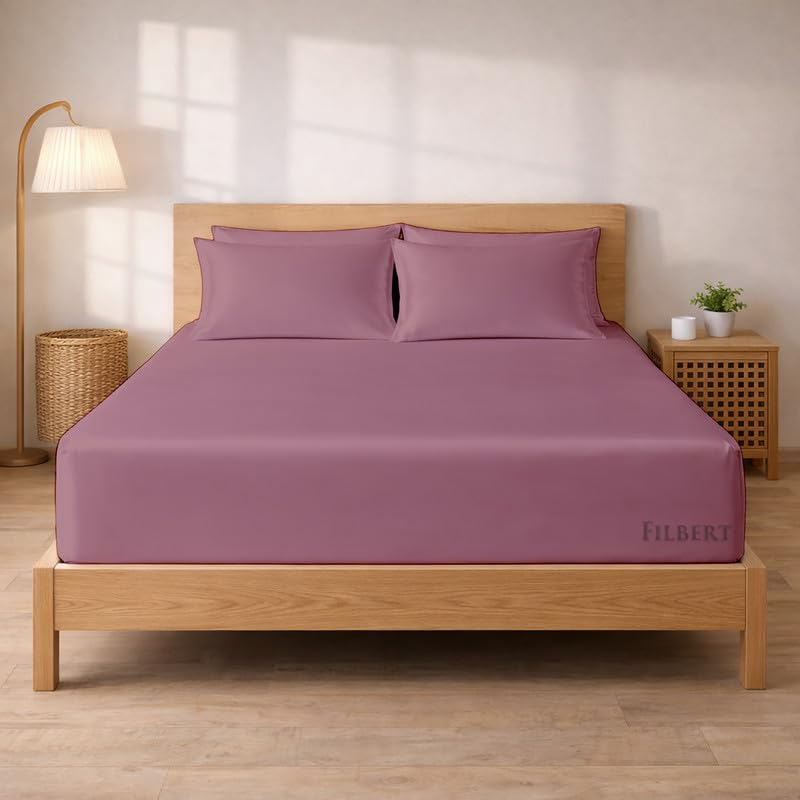 Image of Filbert - Premium Satin Fitted Bedsheet Queen Size (60x78 Inch) with 2 Pillow Covers | Hypoallergenic Breathable | Hair and Skin Friendly, Women Gift Choice|Light Mauve
