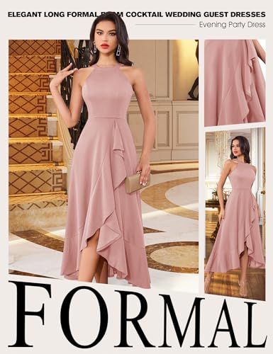 Image of Dressystar Womens 2026 Halter Slit Ruffle Wedding Guest Party Dress Elegant Maxi Long Sleeveless Formal Prom Cocktail Dresses