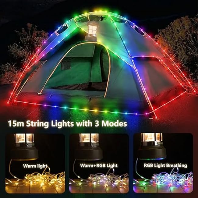 Camping Lantern Rechargeable, 49.2Ft 4 in 1 Tent Lights String with 9 Lighting Modes, 4000mAh Camping String Lights Waterproof for Camping Hiking Emergency Decoration
