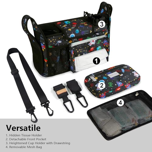 Image of TOPDesign Universal Baby Stroller Organizer, Stroller Caddy with Detachable Mesh Bag & Heightened Insulated Cup Holders & Non-Slip Secure Hooks Accessories, Fits Most Strollers (Space Exploration)