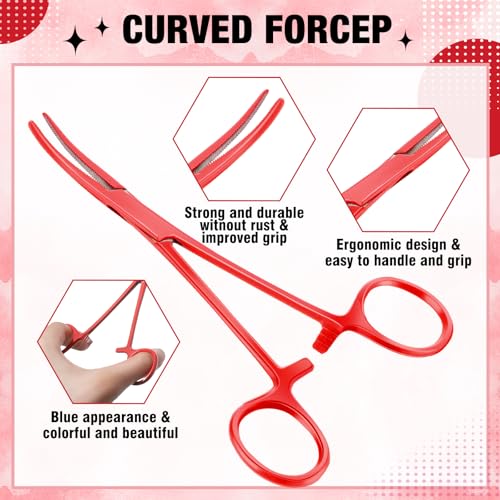 Image of BBTO Hemostat Curved and Straight Hemostat Forceps Piercing Pliers Forceps, Stainless Steel Straight and Curved Pliers, Fishing Tweezer(Red,2 Pcs)