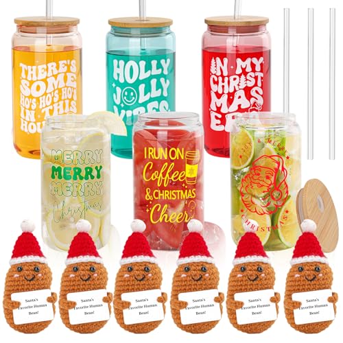 pengtai Christmas Gifts Glass Tumbler Set - 16oz Iced Coffee Cups With Funny Positive Knitted Dolls - Christmas Gifts for Women, Men, Friends, Coworkers, Teachers, Nurses (Set of 6)
