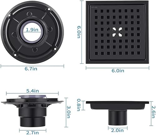 Miniatura 6 de ELLO&amp;ALLO Drenaje de suelo de ducha con brida, rejilla de patrón cuadrado, extraíble de 6 pulgadas, cuadrado de acero inoxidable SUS 304, negro mate