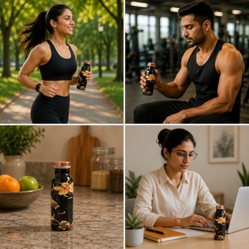 Image of Pure Copper Water Bottle - Handcrafted - Ayurveda health benefits -Small 450 ml - Leak proof - Easy to carry for Sports, Fitness, Yoga, School - Textured Black Base Floral Colorful Enamel.