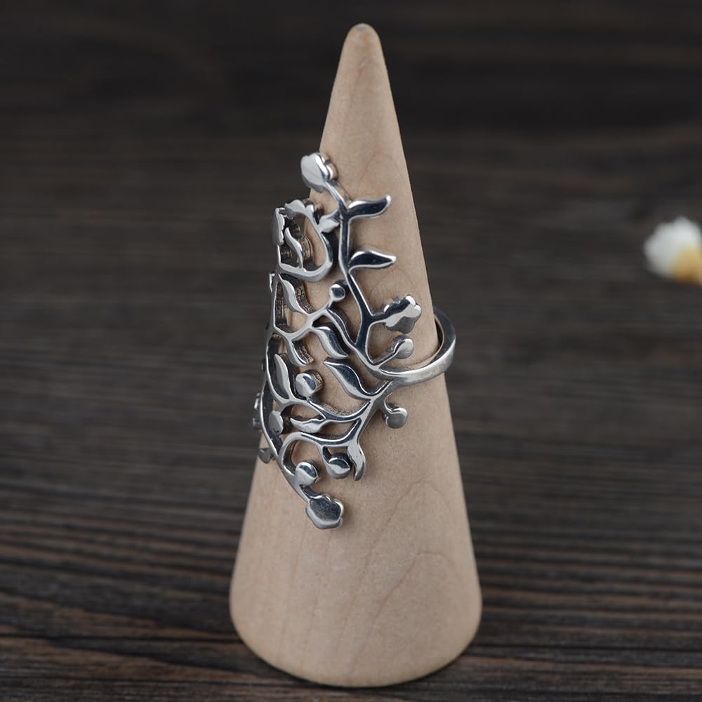 ForFox Anillo grande de hojas de árbol de plata de ley 925 para mujeres y niñas abierto y ajustable