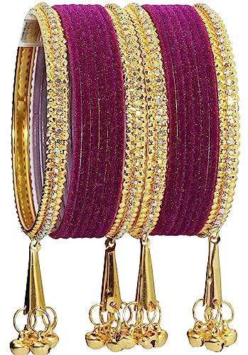 Image of NMII Metal with Zircon Gemstone and Velvet Studded Bells Latkan Bangles Set For Girls and Women I Latkan Bangles, Premium Bangle Bracelet Set I Pack of 16 Bangles