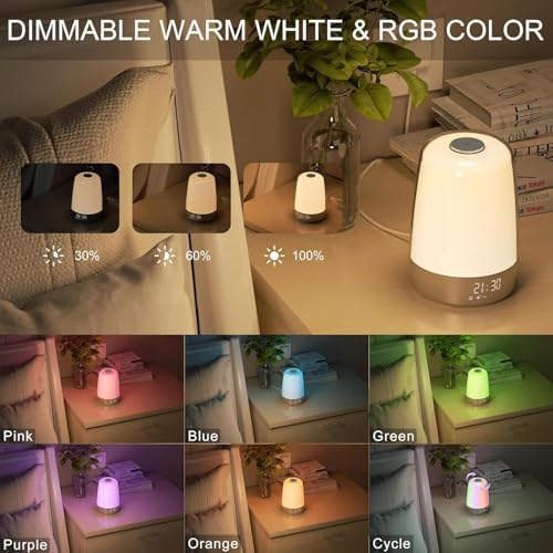 Image of Zollyss Touch Wake Up Night Light with Alarm Clock, 3 Ways Dimmable Warm White Bedside Lamp for Kid Bedrooms RGB Ambient Table Nightstand Light,Sleep Aid Snooze Timer Mode