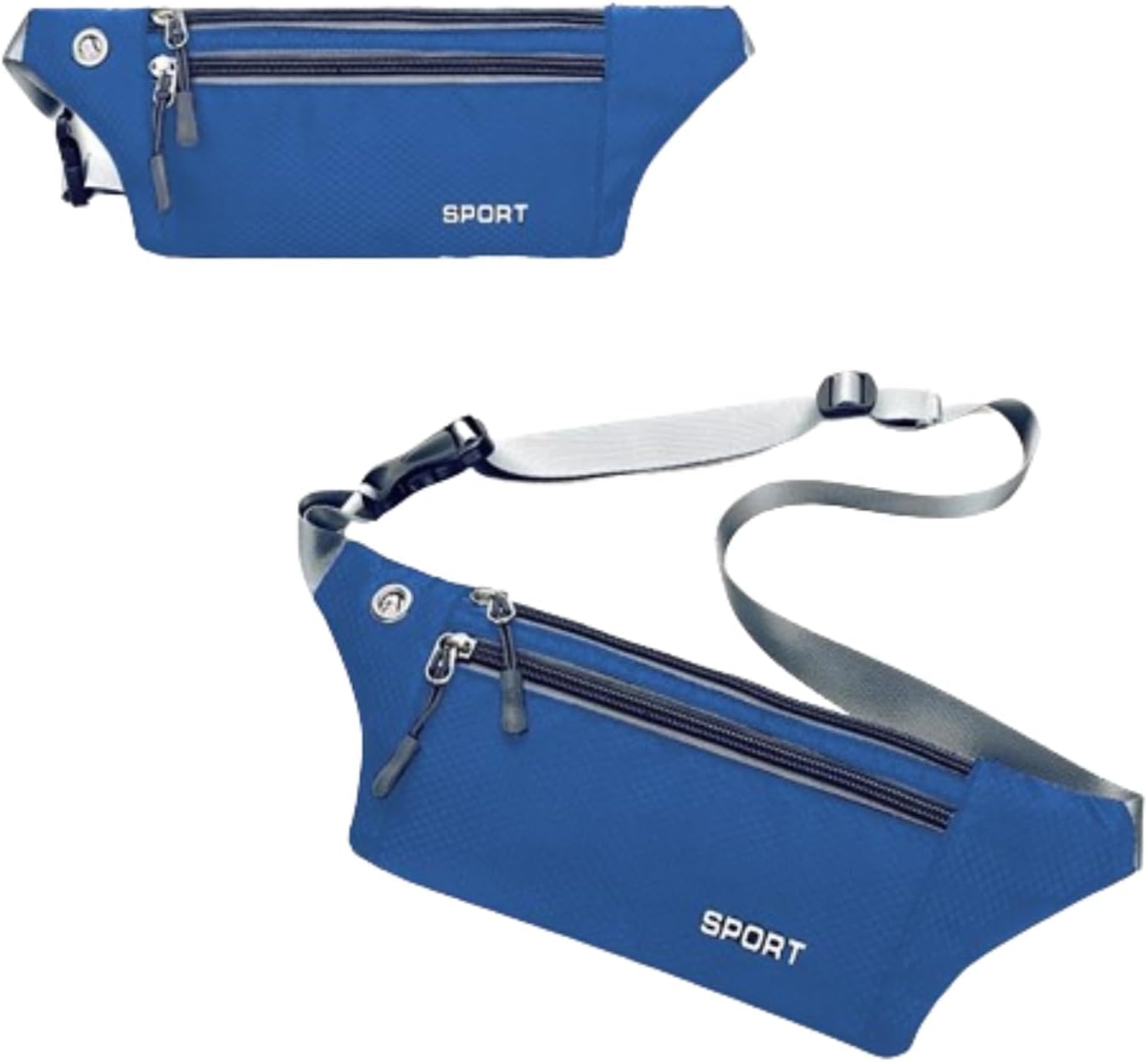 Marsupio da corsa BumBag con 3 cerniere, cintura regolabile, fibbia di sicurezza, uscita per cuffie, impermeabile, tasca per soldi, tasca per documenti, esterno, campeggio, viaggio, sport, ciclismo, blu reale, vita