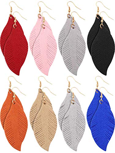 Jovitec 8 Pairs Leather Feather Earrings Teardrop Leather Lightweight Leaf for Women Girls Soft Suede Bohemian Feather Shape Earrings Tassel Dangles Fringe Wing, 8 Colors - Main Image