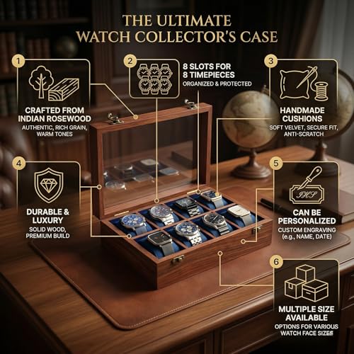 Image of Vintage Wooden Watch Box for Men, Timepiece Display Case, Storage Organizer, Jewelry Box for Women, Gift for Men - Sheesham Wood, Handmade Cushions & Paddings (8 Grooves)