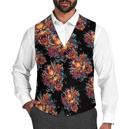 Chinese Dragon Men's Suit Vests Dress Vest V-Neck Waistcoat Slim Business Formal with Pocket